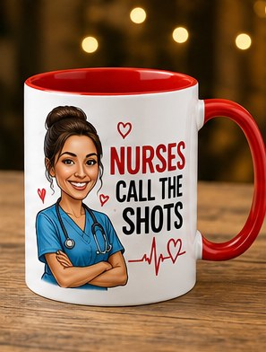 Nurse calls the shots — custom caricature red mug